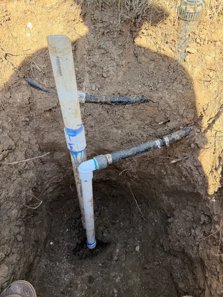 During: new PVC sewer line with Y-fitting installed in excavated trench — Oopsie Daisy Plumbing Northern Colorado